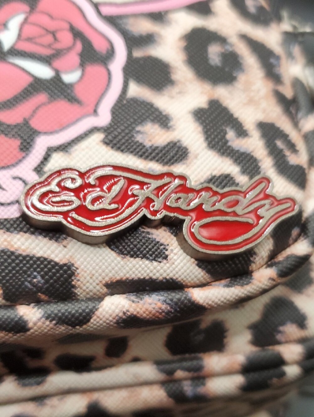 Ed Hardy Leopard Crossbody Bag with Pink Script and Rose - Picture 8 of 12